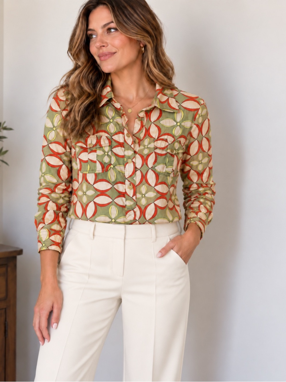 Tory Burch Floral Geometric Print 100% Cotton Tunic Blouse Green Orange Size 6